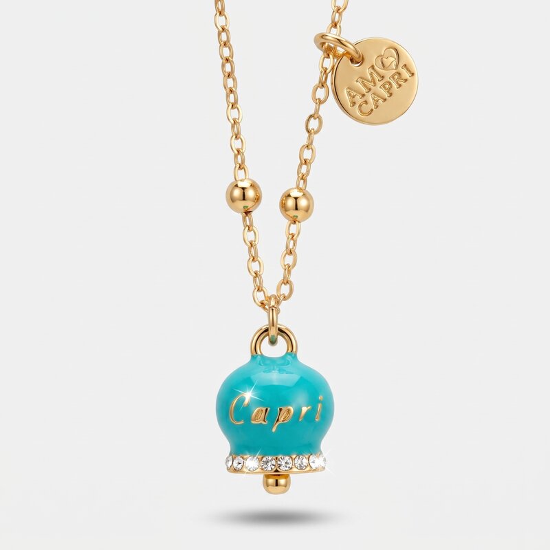 Collana in Metallo con campanella portafortuna turchese e cristalli - BYSIMON gioielli