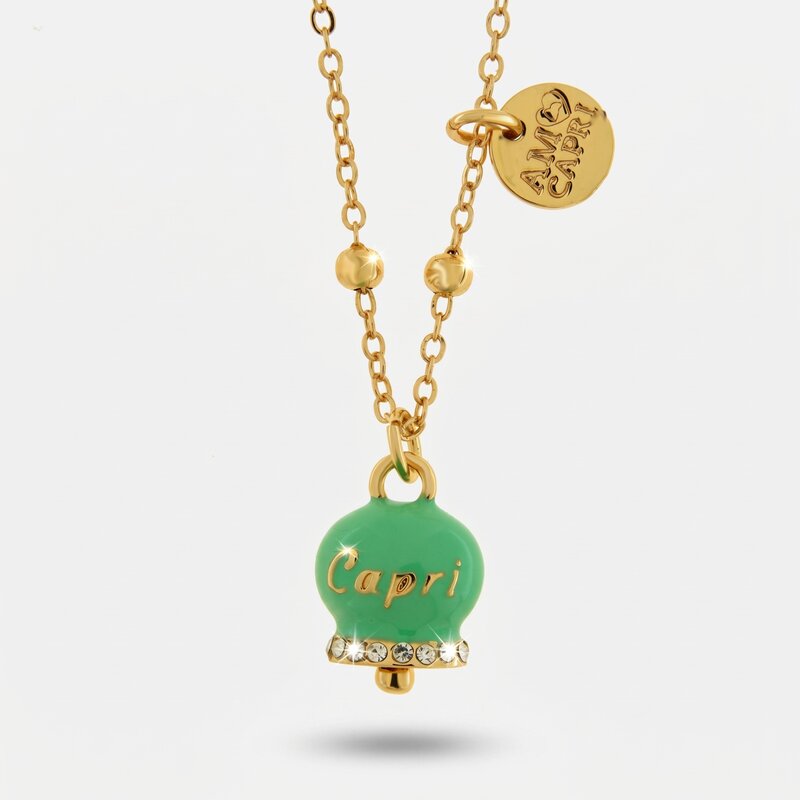 Collana in Metallo con campanella portafortuna verde menta e cristalli CAPRI - gioiello BySimon
