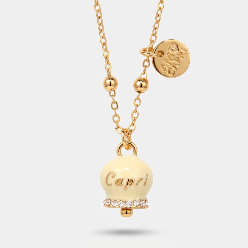 Collana in Metallo con campanella portafortuna crema e cristalli - BYSIMON gioielli