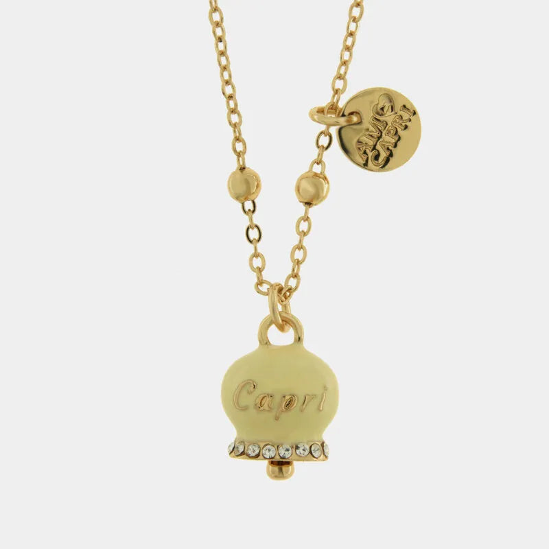 Collana in Metallo con campanella portafortuna crema e cristalli