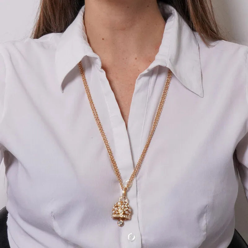 Gold-plated metal necklace with lucky bell and pearls