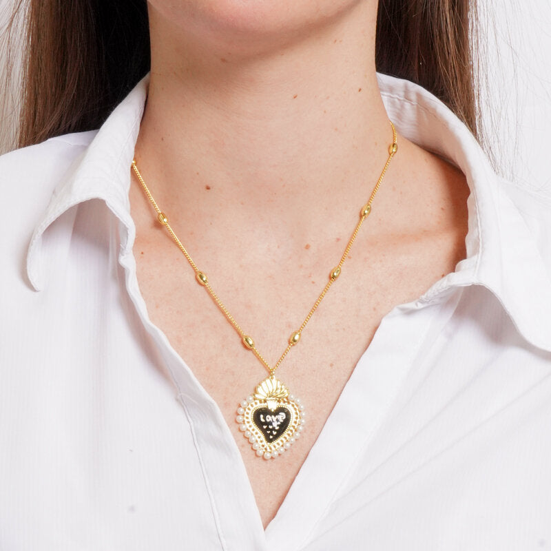 Collana in Metallo con Ciondolo cuore nero e scritta love