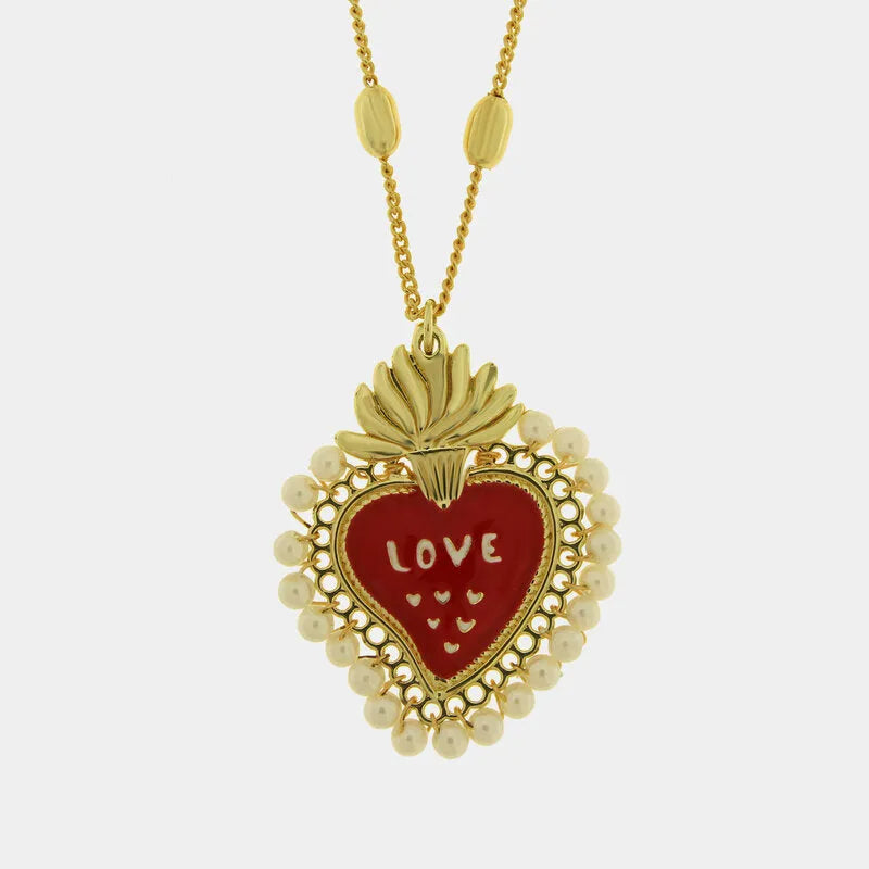 Collana in Metallo con Ciondolo cuore rosso  e scritta love