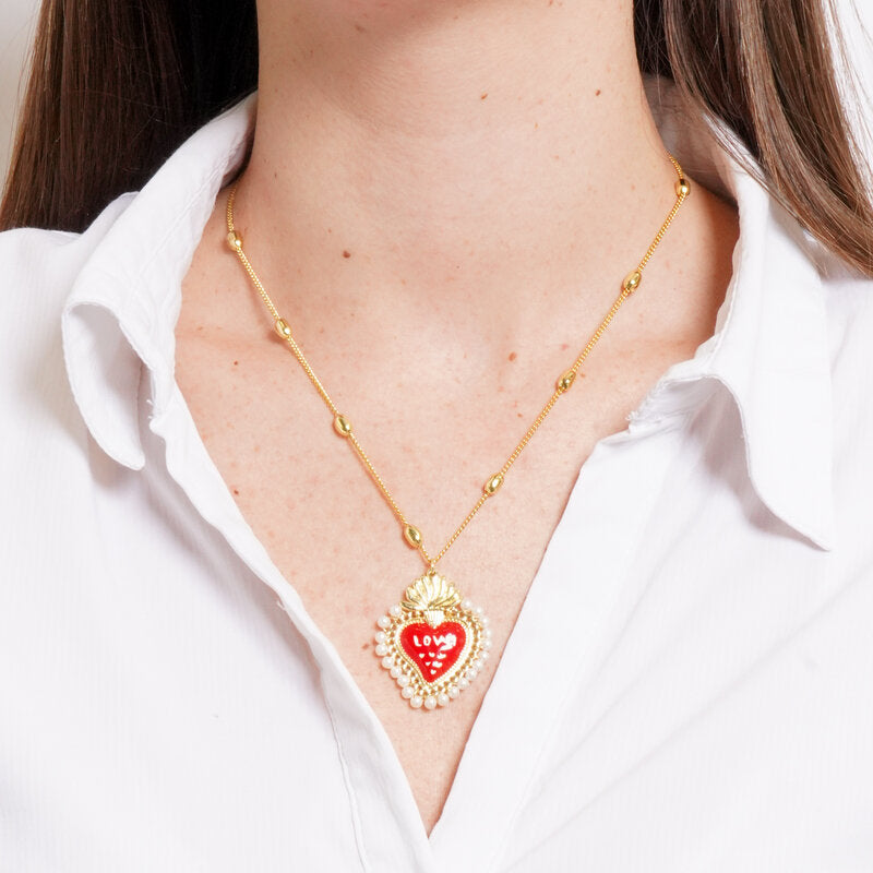 Collana in Metallo con Ciondolo cuore rosso  e scritta love