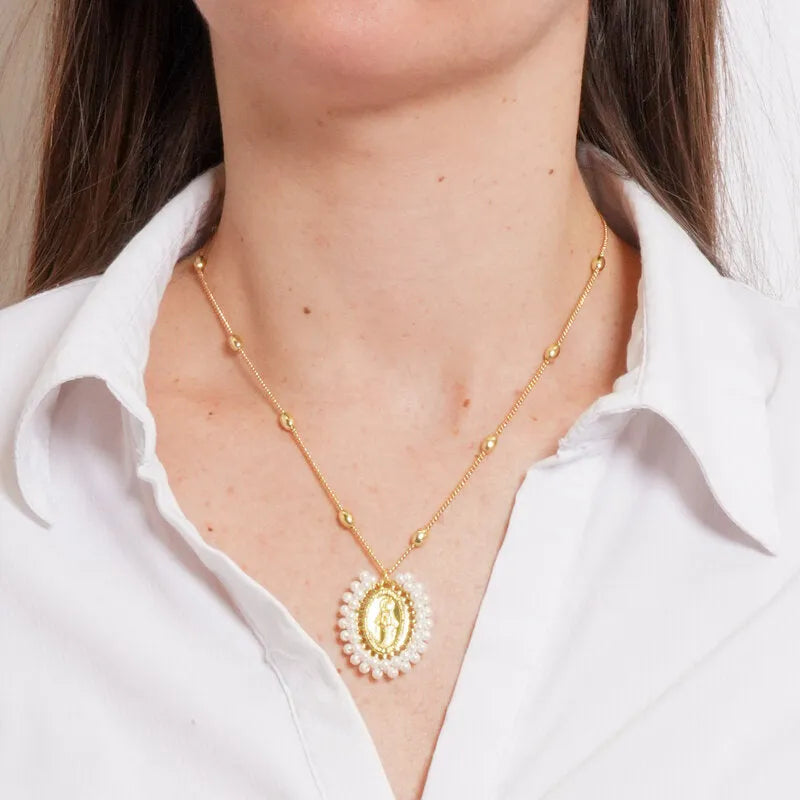 Collana in Metallo con Pendente ovale Madonna oro Napoli