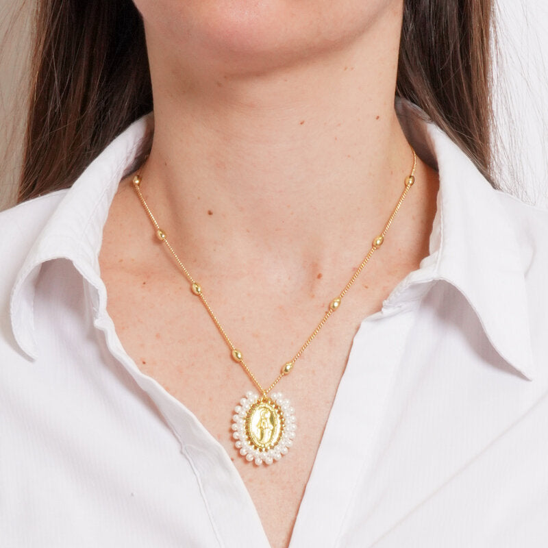 Collana in Metallo con Pendente ovale Madonna oro Napoli