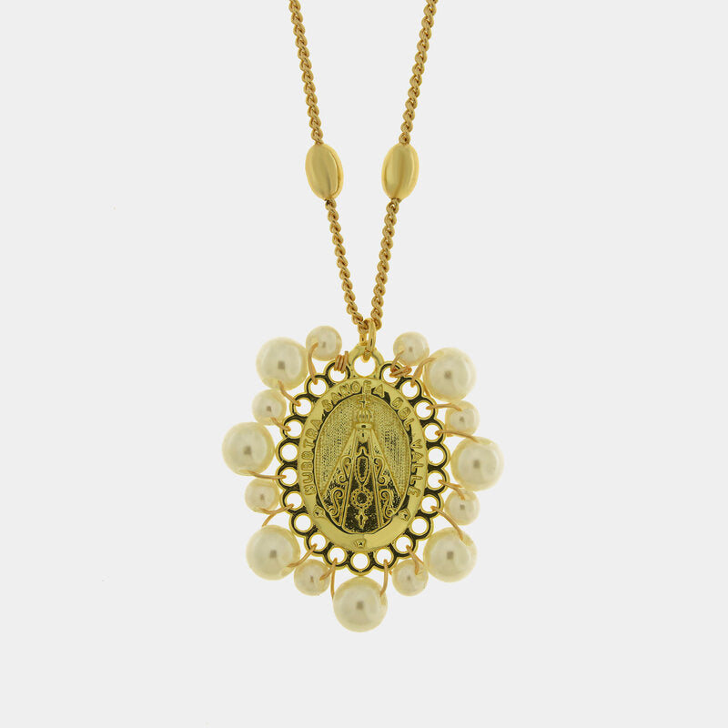 Collana in Metallo con Pendente ovale Madonna dorato pietra