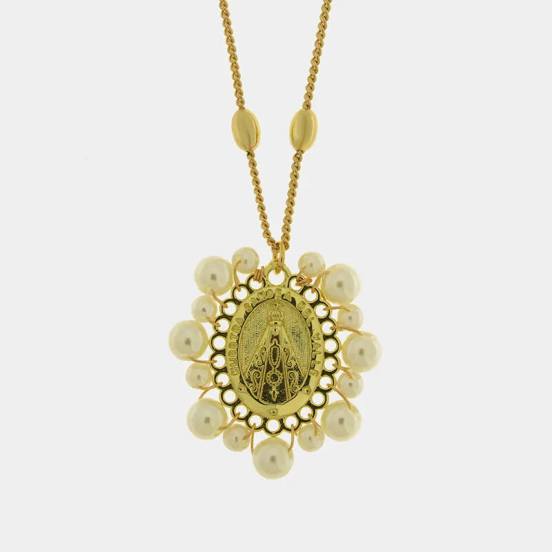 Collana in Metallo con Pendente ovale Madonna dorato pietra