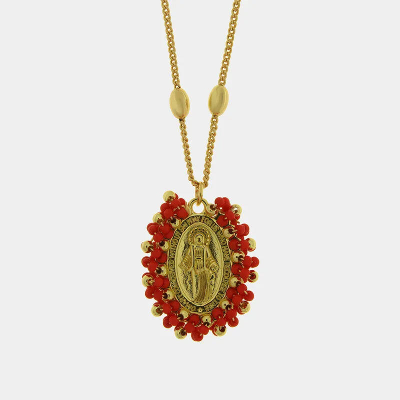 Collana in Metallo con Pendente ovale Madonna pietre rosse