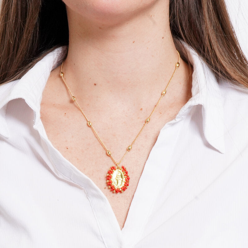 Collana in Metallo con Pendente ovale Madonna pietre rosse