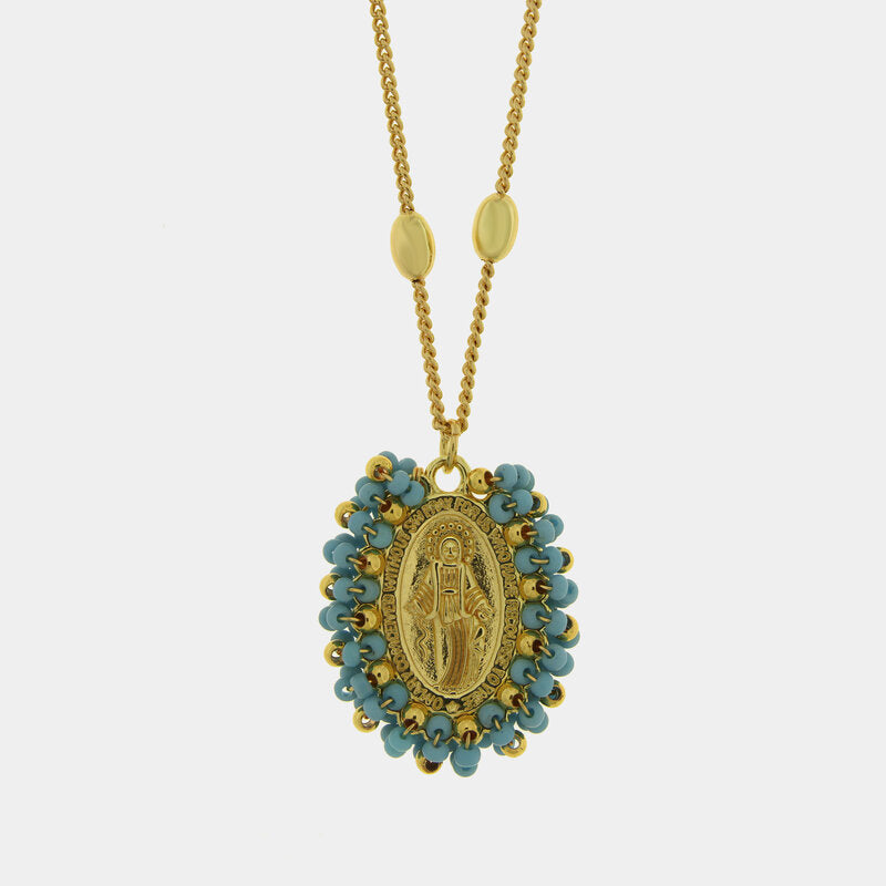 Collana in Metallo con Pendente ovale Madonna pietre azzurre oro