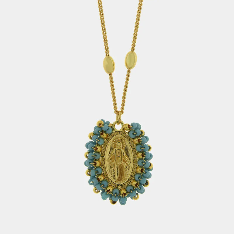 Collana in Metallo con Pendente ovale Madonna pietre azzurre oro