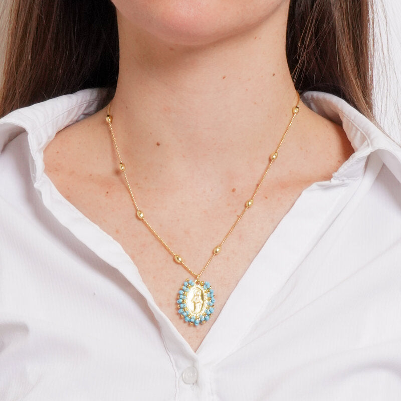 Collana in Metallo con Pendente ovale Madonna pietre azzurre oro