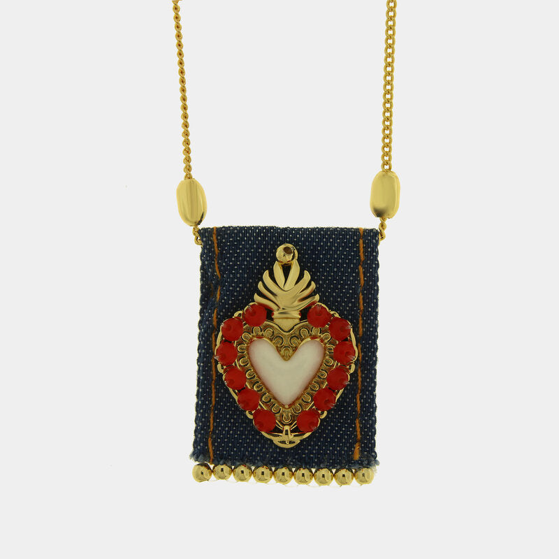 Collana in Metallo con Ciondolo rettangolare  Cuore Sacro smalto