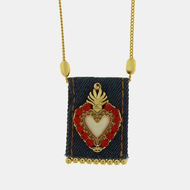 Collana in Metallo con Ciondolo rettangolare  Cuore Sacro smalto