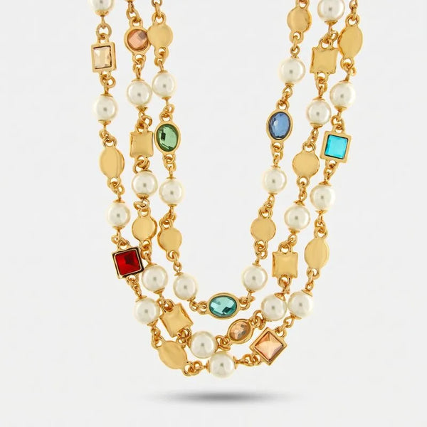 Collana in Metallo tre fili con perline e cristalli colorati