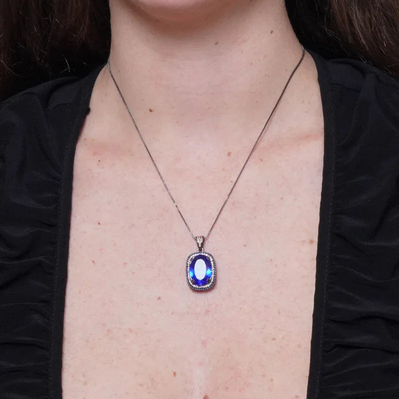 Collana in Metallo brunito zircone rettangolo blu
