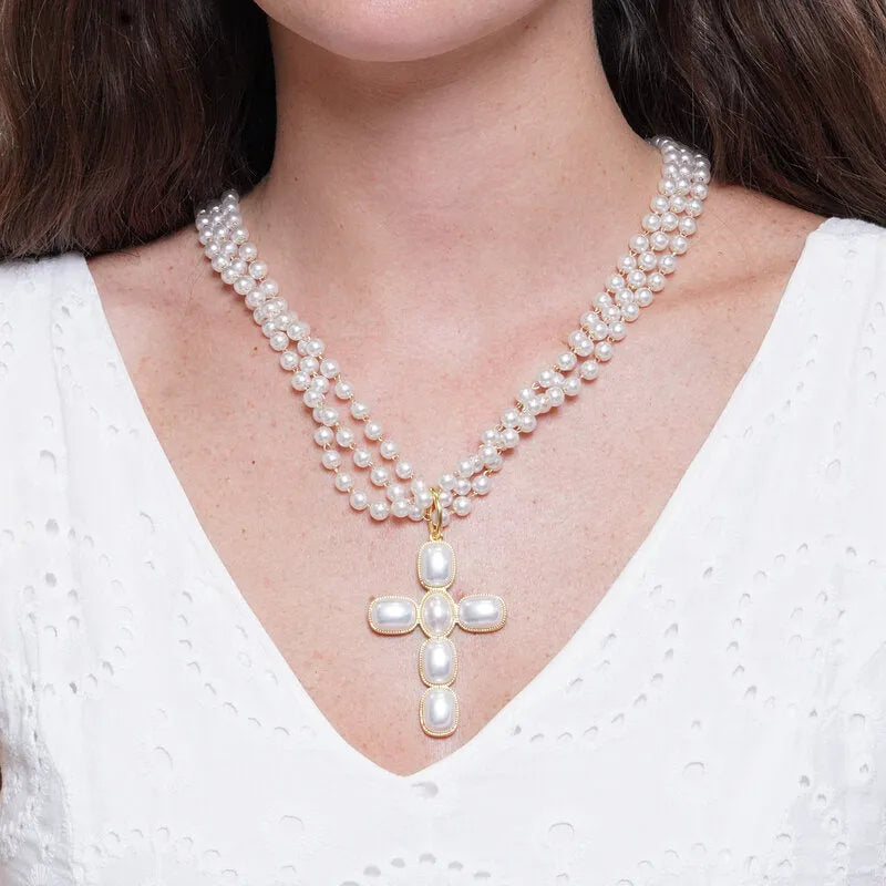 Collana in Metallo perline e croce pendente bianca