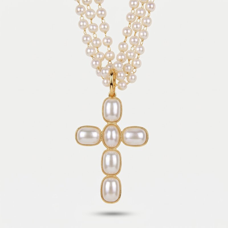 Collana in Metallo perline e croce pendente bianca - BYSIMON gioielli