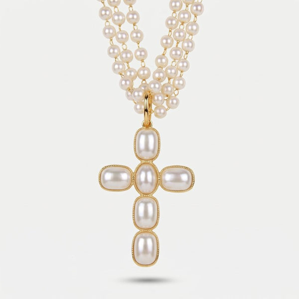 Collana in Metallo perline e croce pendente bianca - BYSIMON gioielli