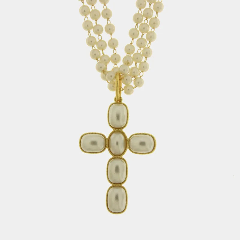 Collana in Metallo perline e croce pendente bianca