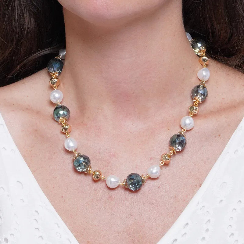 Collana in Metallo perle e cristalli azzurri