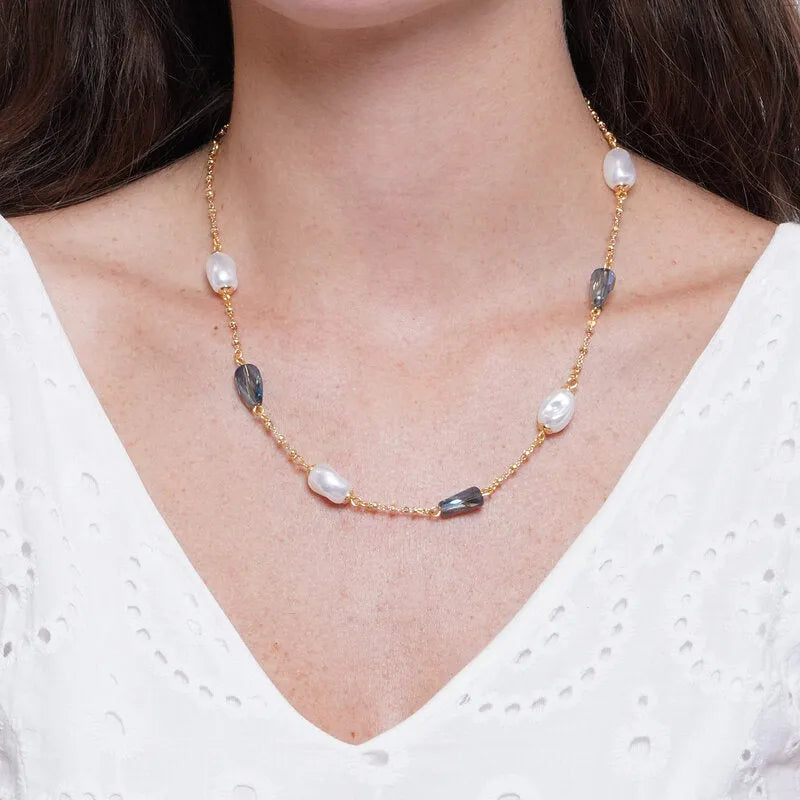 Collana in Metallo cristalli azzurri e perle irregolari