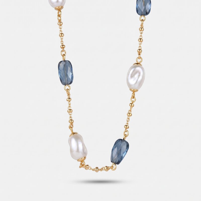 Collana in Metallo cristalli azzurri e perle irregolari - BYSIMON gioielli