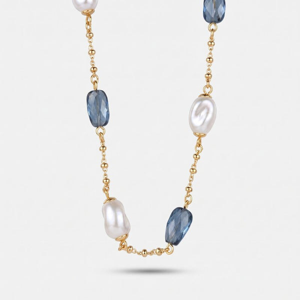 Collana in Metallo cristalli azzurri e perle irregolari - BYSIMON gioielli