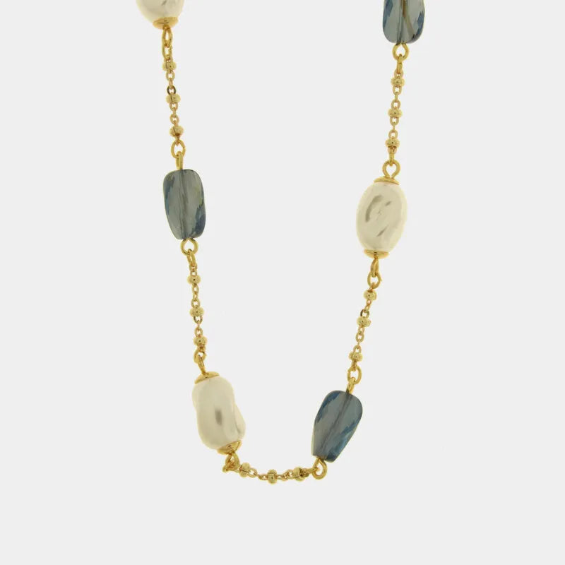 Collana in Metallo cristalli azzurri e perle irregolari