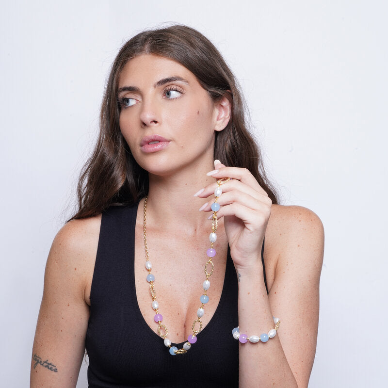 Set coordinato - Collana in Metallo sfere rosa e turchesi