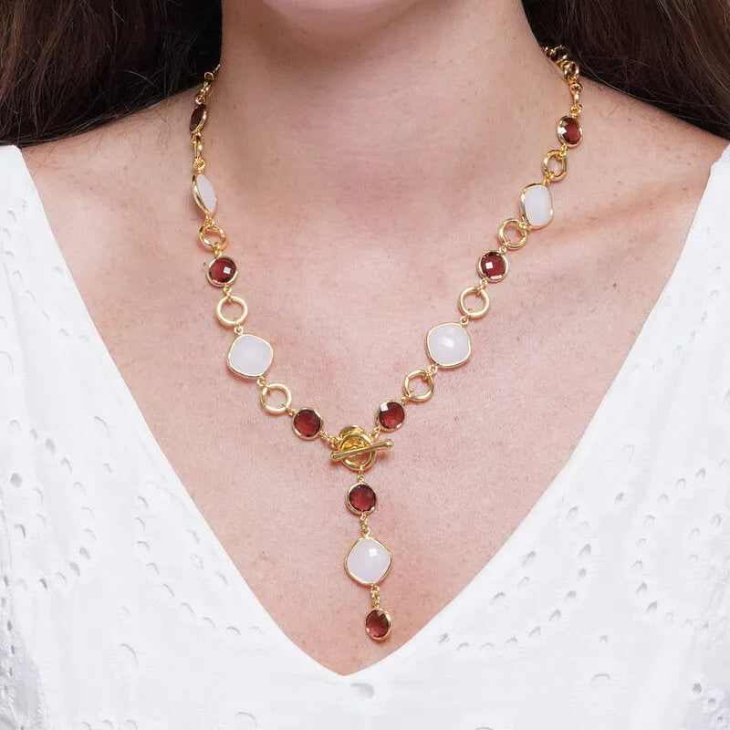 Collana in Metallo cristalli marroni e bianchi e chiusura a T