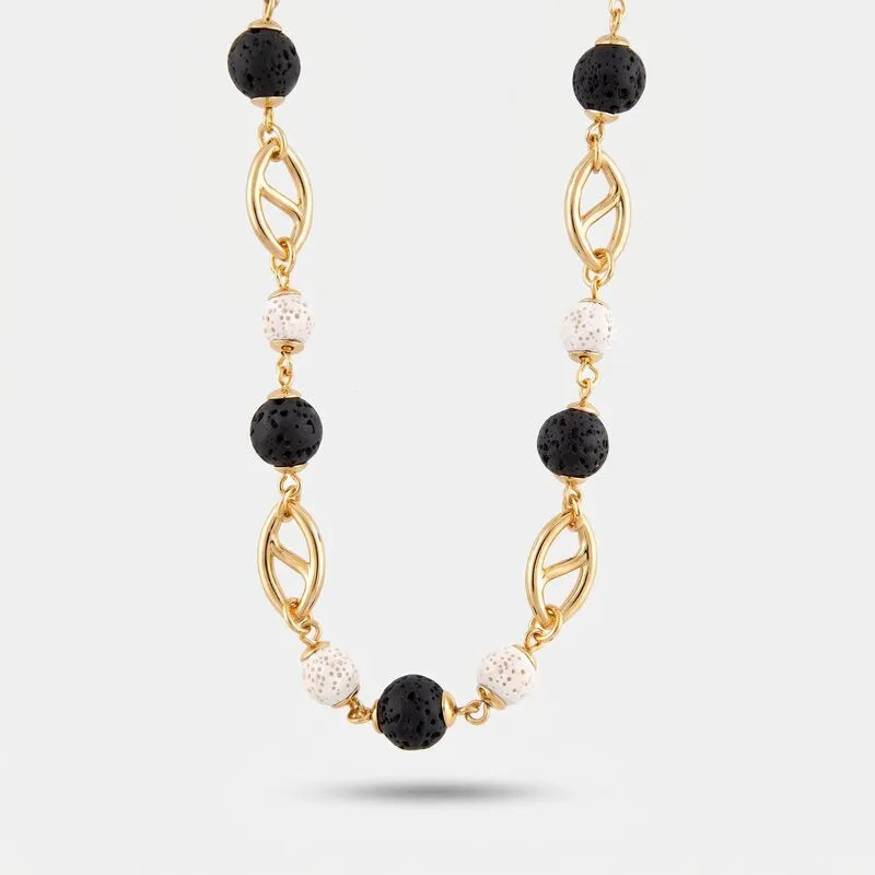 Collana in Metallo con sfere laviche  bianche e nere