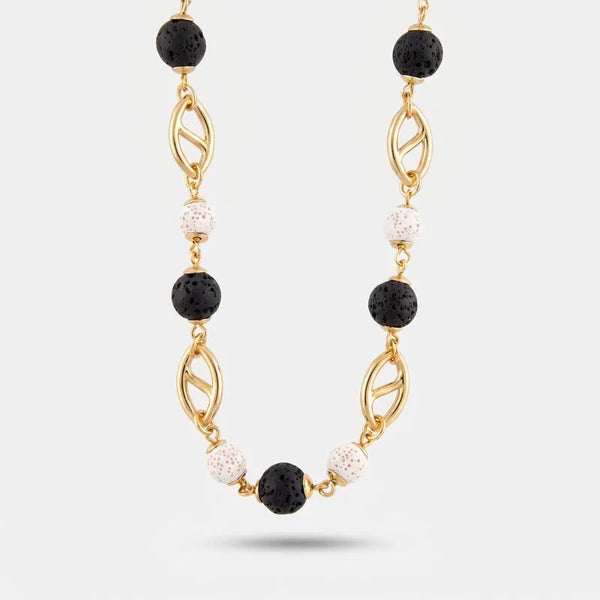 Collana in Metallo con sfere laviche bianche e nere