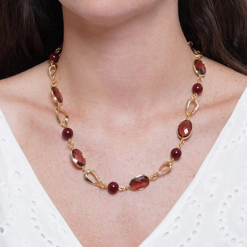Collana in Metallo elementi ovali e cristalli marroni