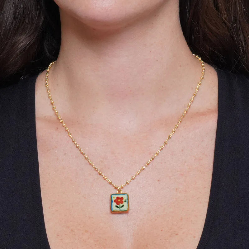 Collana in Metallo pendente quadrato fiore dipinto