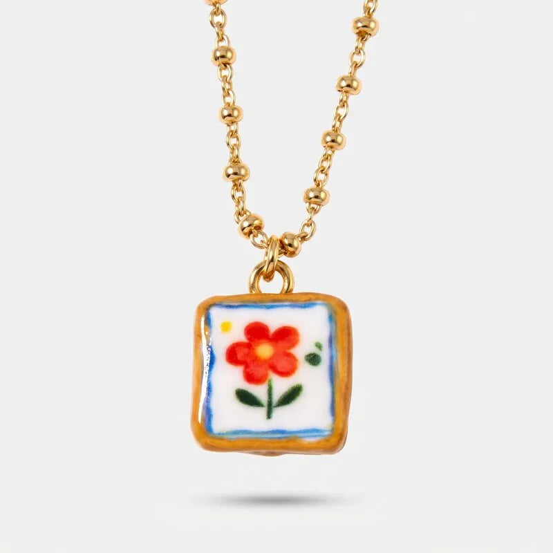Collana in Metallo pendente quadrato fiore dipinto