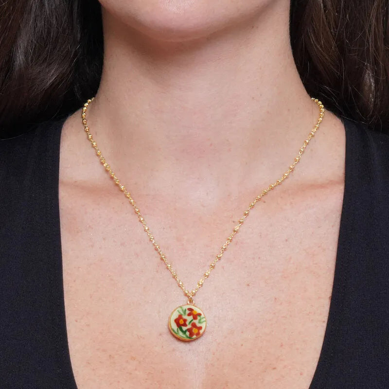 Collana in Metallo pendente tondo fiori dipinti