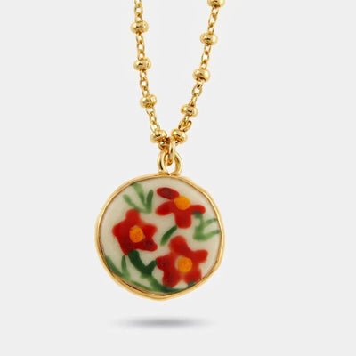 Collana in Metallo pendente tondo fiori dipinti