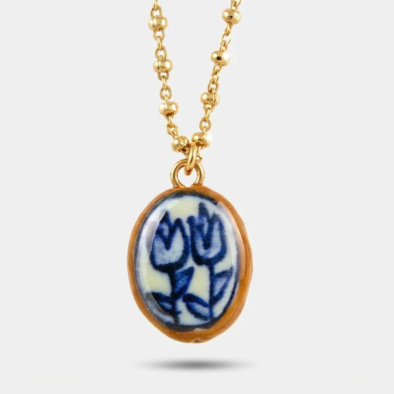 Collana in Metallo pendente ovale fiori blu dipinti