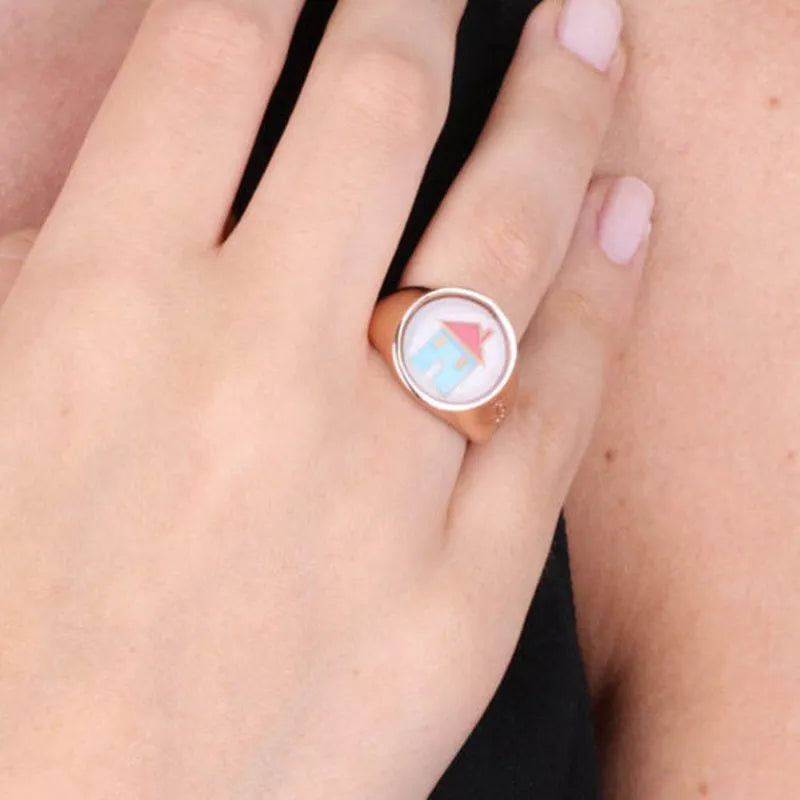 Anello in Metallo  con simbolo casa impreziosito da smalti colorati