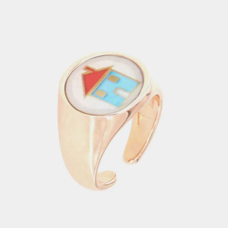Anello in Metallo  con simbolo casa impreziosito da smalti colorati