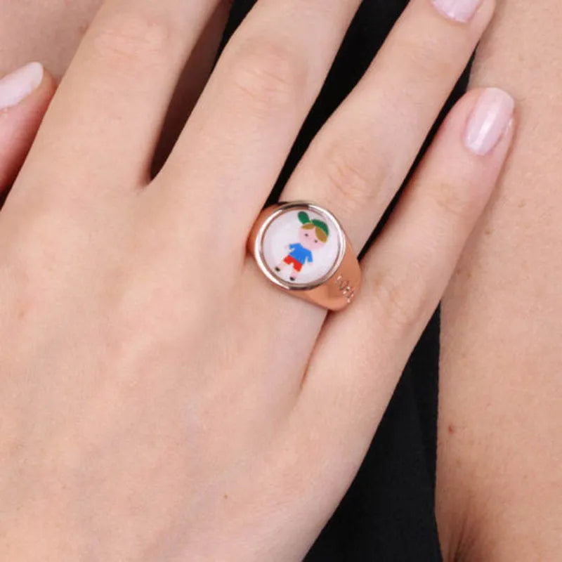 Metal Ring with child symbol embellished with colored enamels