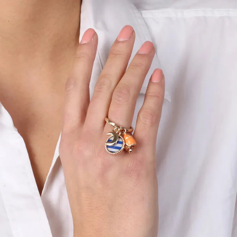 Anello in Metallo con luna, campanella e medaglione stile marino