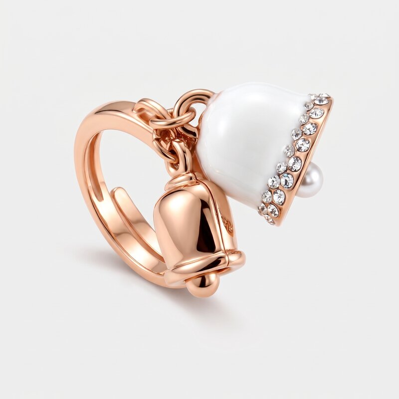 Anello in Metallo con campanelle portafortuna con smaltatura bianca e cristalli bianchi - BYSIMON gioielli