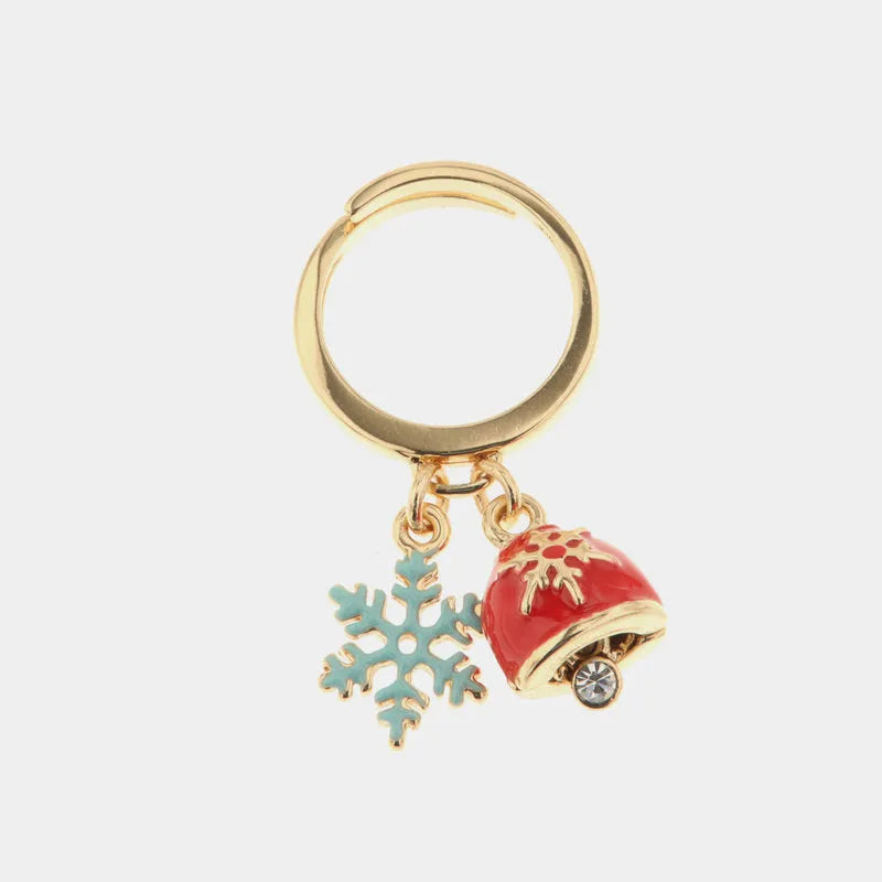 Anello in Metallo con pendente a forma di fiocco di neve e campanella portafortuna natalizia