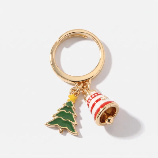 Anello in Metallo con pendente a forma di albero di natale e campanella portafortuna natalizia