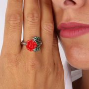 Anello in Metallo a forma di rosa rossa con smalti colorati