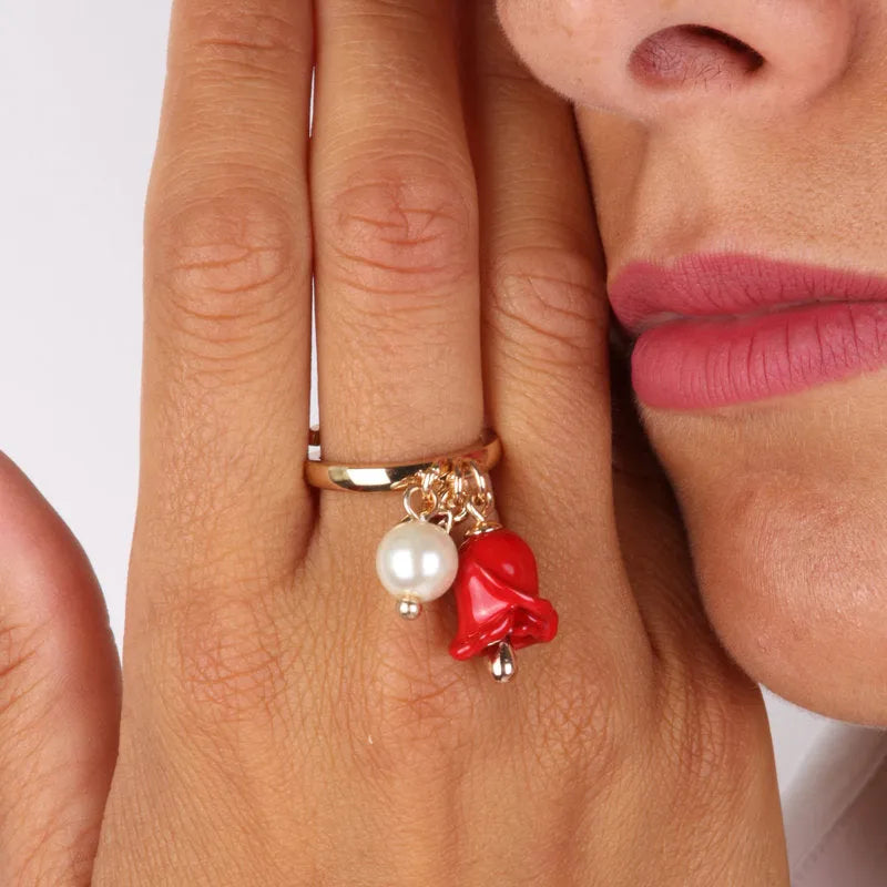 Anello in Metallo con perla e campanella a forma di rosa impreziosita da smalti colorati - BYSIMON gioielli