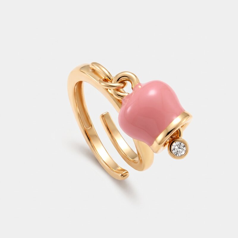 Anello in Metallo con campanella portafortuna pendente rosa, impreziosita da punto luce - BYSIMON gioielli